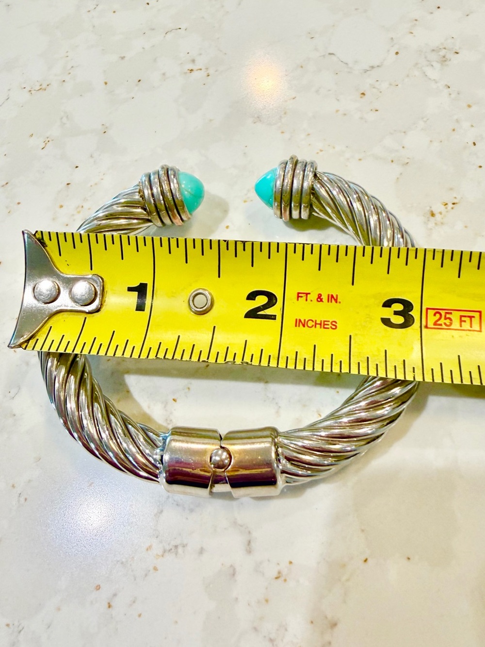 Chunky Silver-Tone Twisted Cable Hinged Cuff Bracelet with Faux-Turquoise Stones - Picture 5 of 7